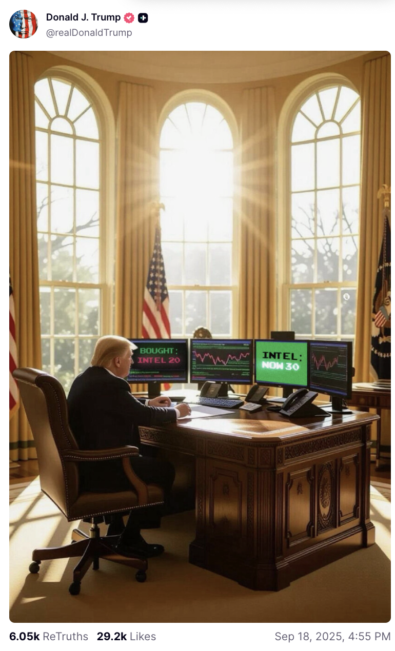 Trump's AI-generated trading meme showing him trading Intel stock